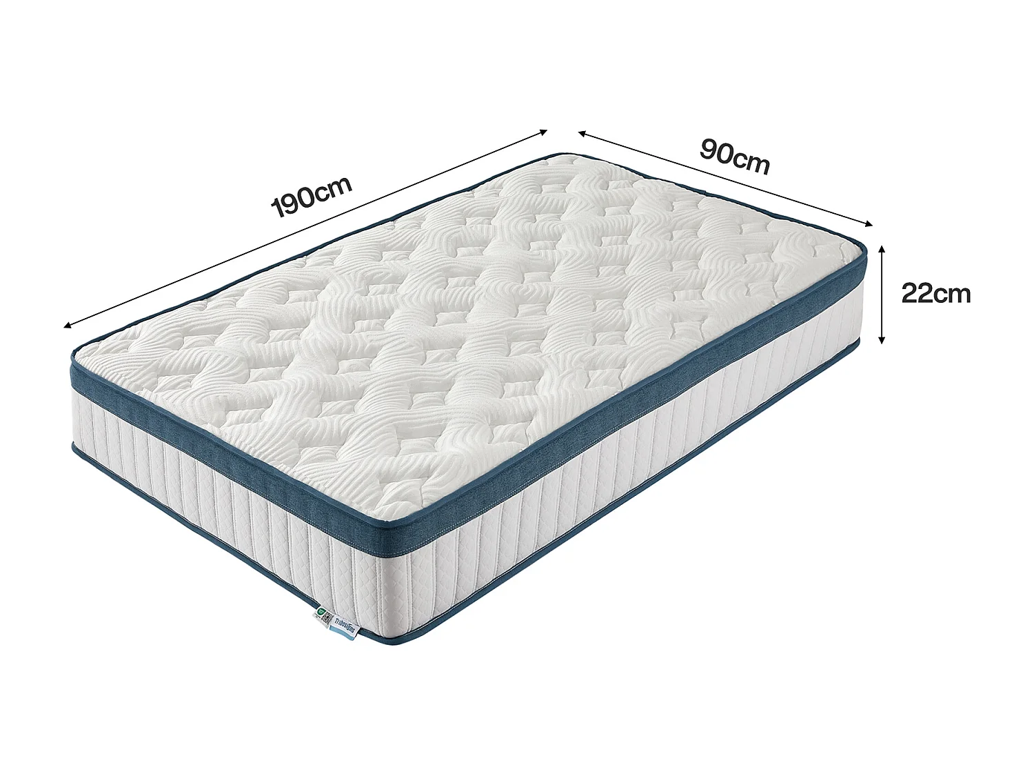 Materac 90 x 190 cm, wysokość 22 cm, materac sprężynowy kieszeniowy, średnia twardość H3, materac sprężynowy z pianką z pamięcią kształtu w żelu