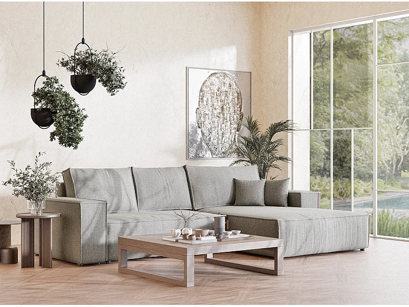 Canapé d'angle droit convertible en tissu tressé beige gris MAZE