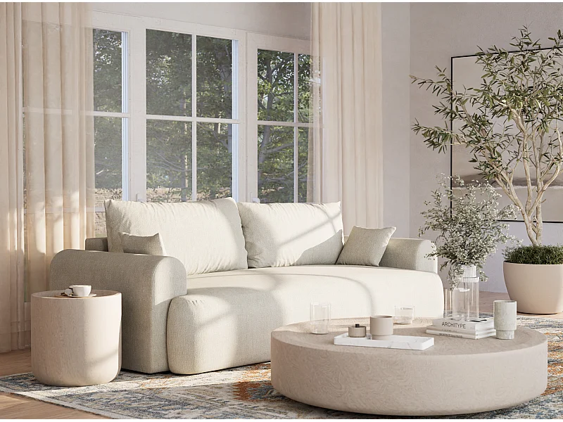 Canapé 3 places convertible en tissu chenille creme TOLUCA