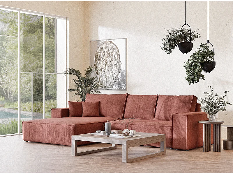 Canapé d'angle gauche convertible en tissu tressé corail MAZE