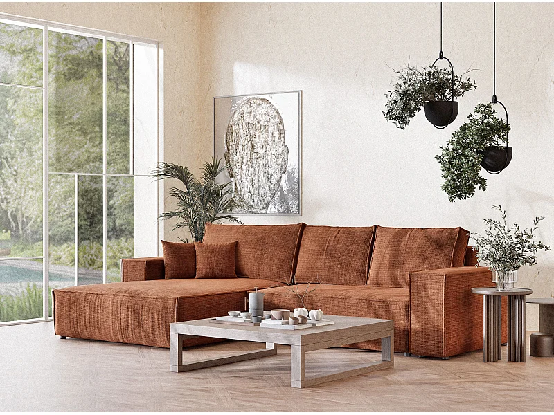 Canapé d'angle gauche convertible en tissu chenille cuivre MAZE