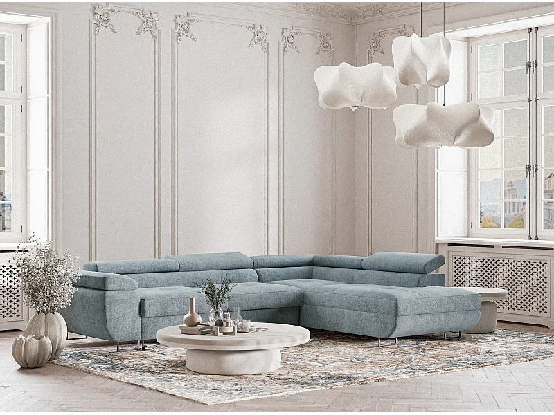 Canapé d'angle droit convertible en tissu chenille bleu clair CONCORD