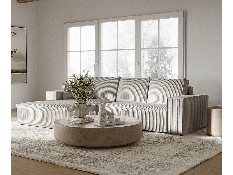 Canapé d'angle gauche 5 places en tissu en peluche beige clair MAZE