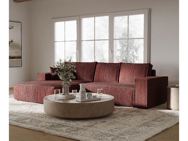 Canapé d'angle gauche 5 places en tissu en peluche couleur brique MAZE