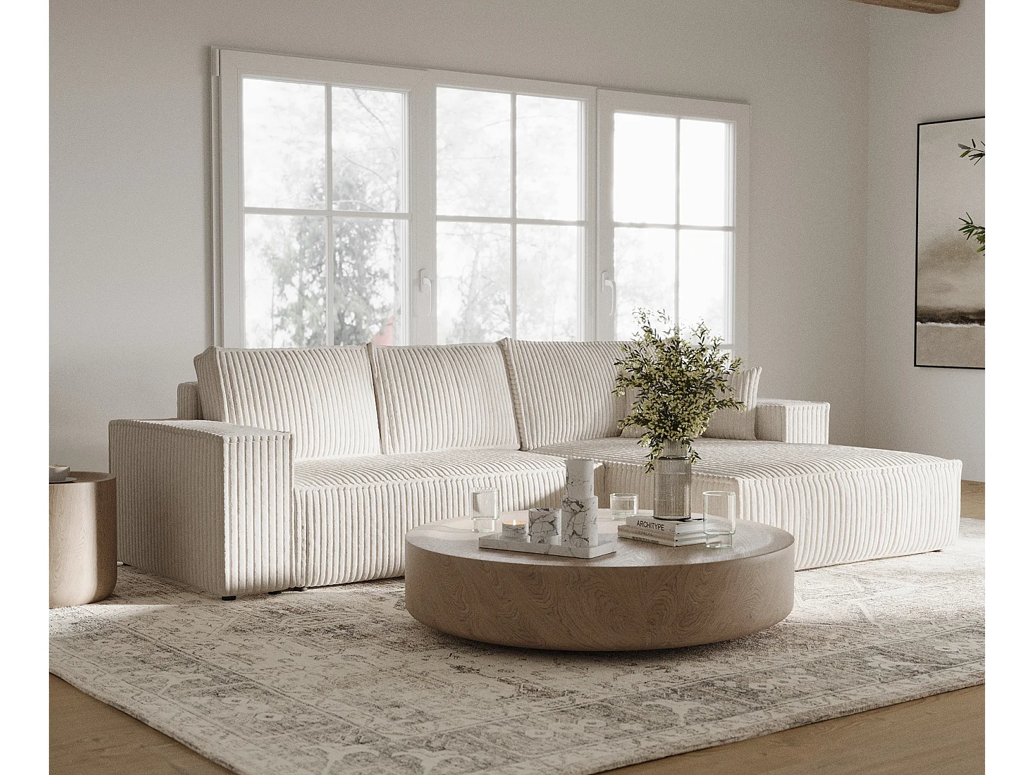 Canapé d'angle droit 5 places en tissu en peluche creme MAZE