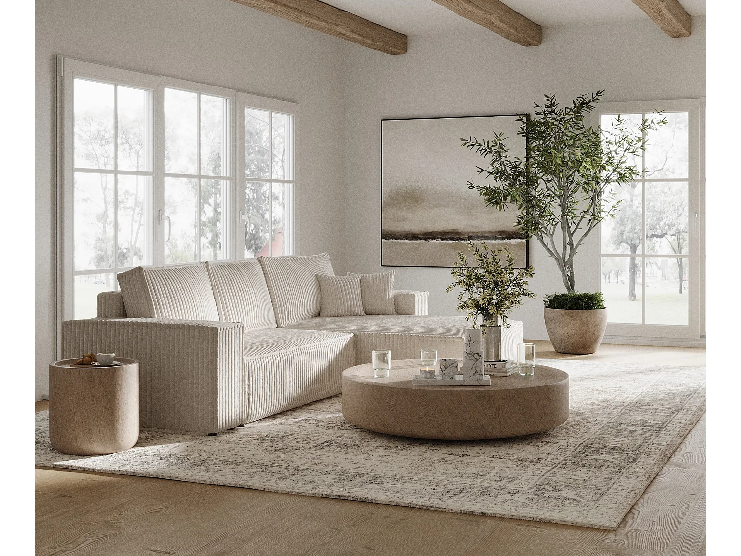 Canapé d'angle droit 5 places en tissu en peluche creme MAZE