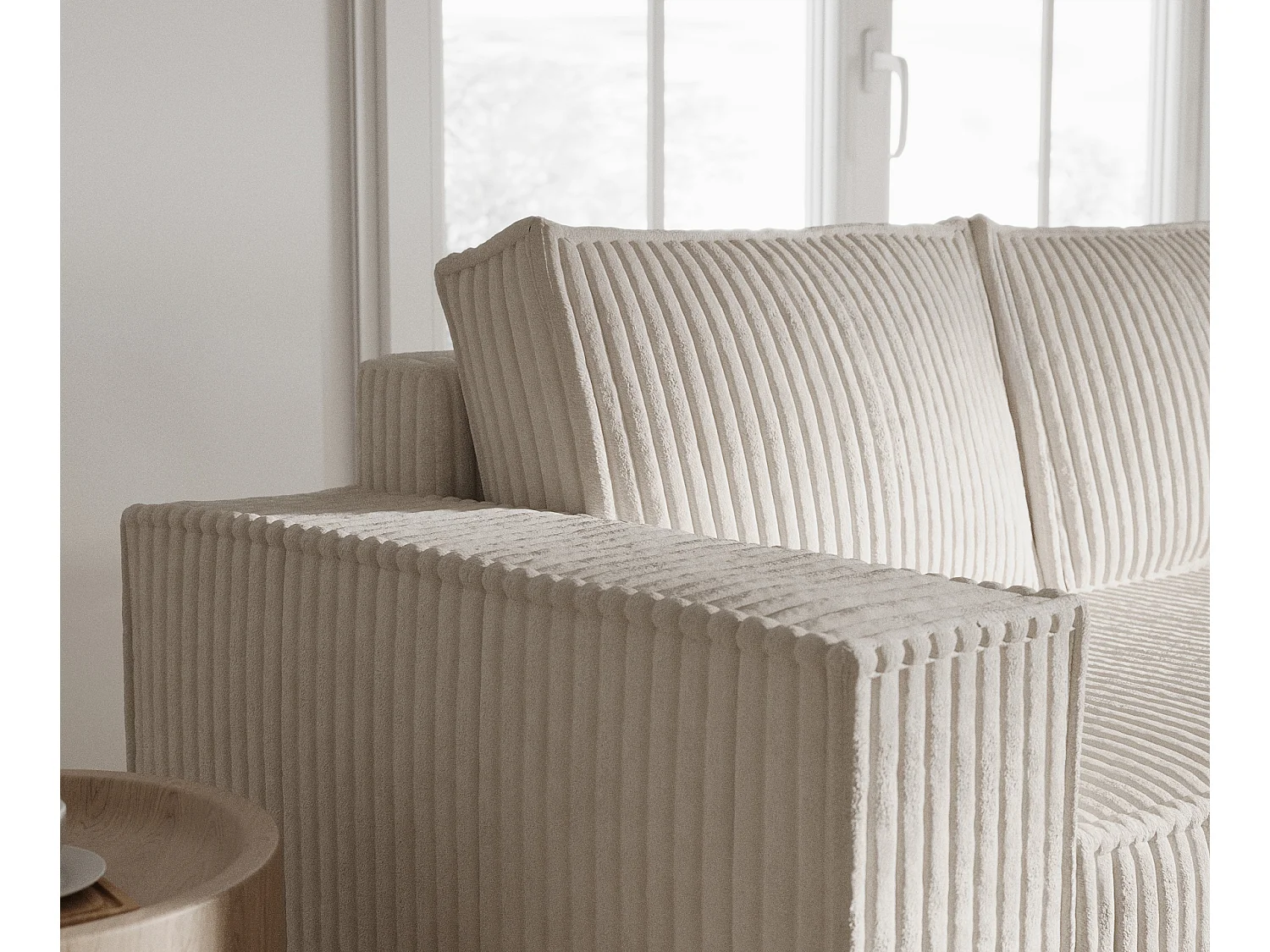 Canapé d'angle droit 5 places en tissu en peluche creme MAZE