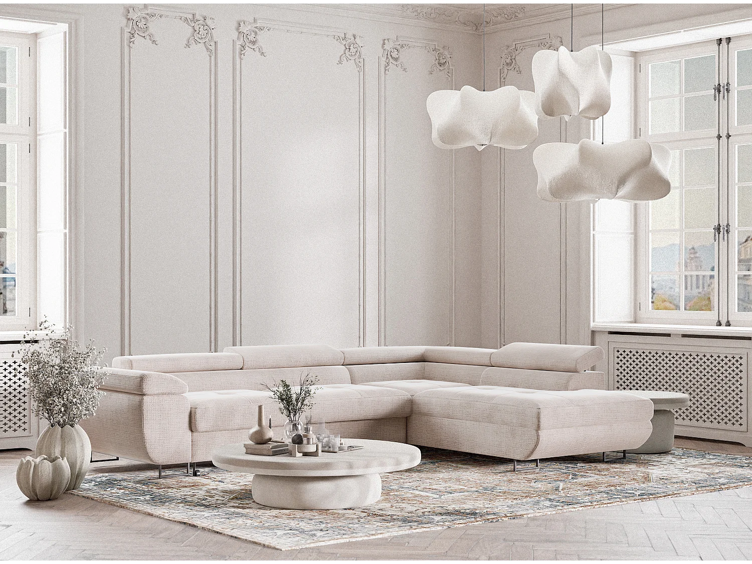 Narożnik prawostronny 4-osobowy rozkładany w tkaninie szenilowej - kremowy - CONCORD