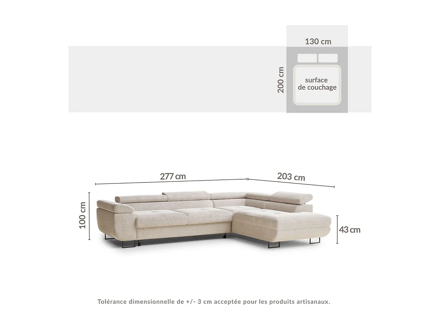 Narożnik prawostronny 4-osobowy rozkładany w tkaninie szenilowej - kremowy - CONCORD