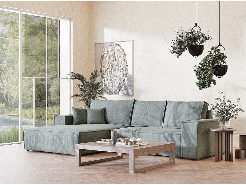 Canapé d'angle gauche convertible en tissu tressé bleu gris MAZE