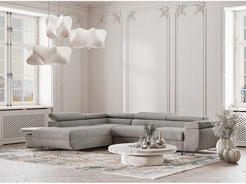 Canapé d'angle gauche convertible en tissu chenille beige gris CONCORD