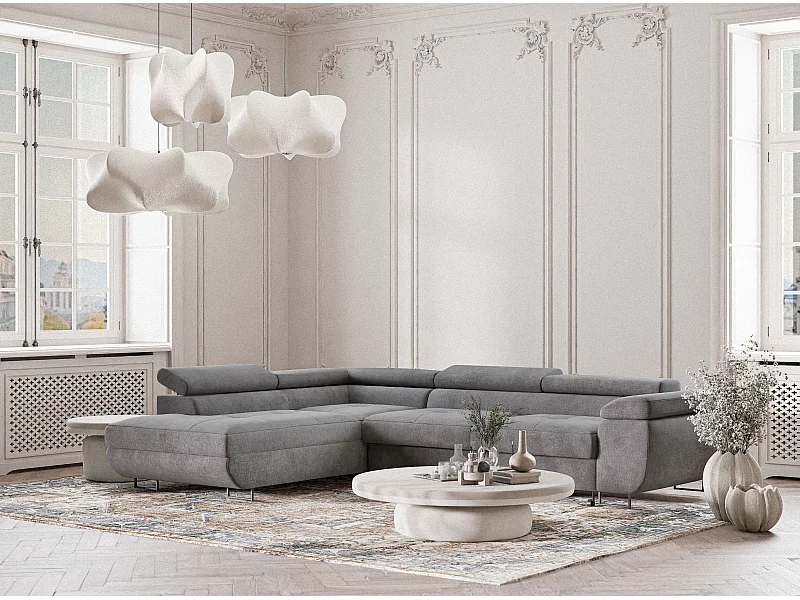 Canapé d'angle gauche convertible en tissu chenille gris CONCORD