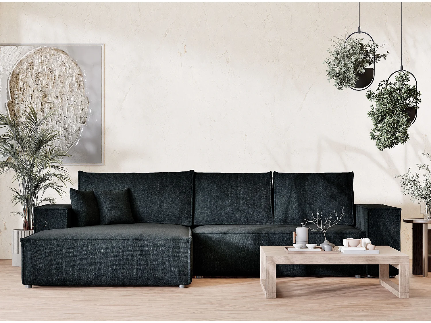 Narożnik lewostronny 5-osobowy rozkładany w tkaninie plecionej - turkusowy - MAZE