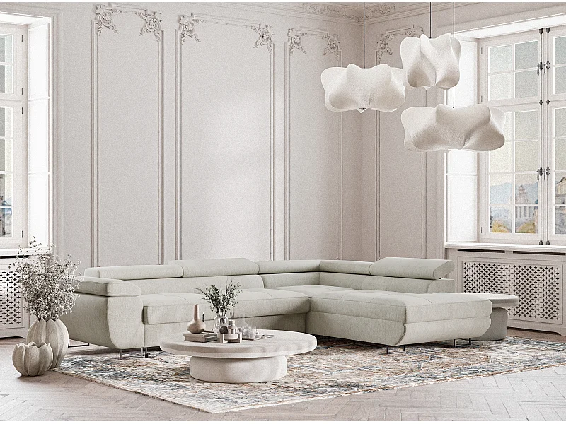 Canapé d'angle droit convertible en tissu chenille creme CONCORD