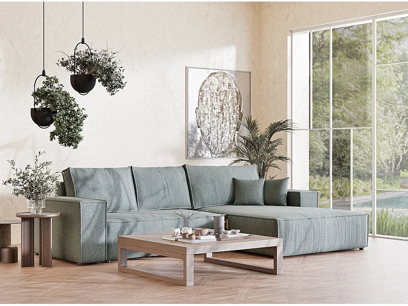 Canapé d'angle droit convertible en tissu tressé bleu gris MAZE