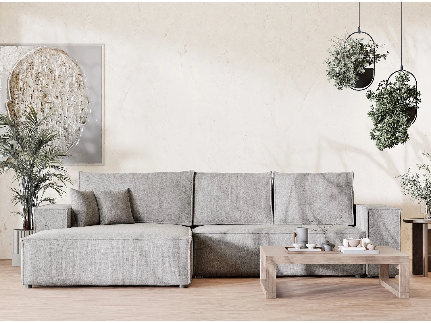 Narożnik lewostronny 5-osobowy rozkładany w tkaninie plecionej - beżowoszary - MAZE