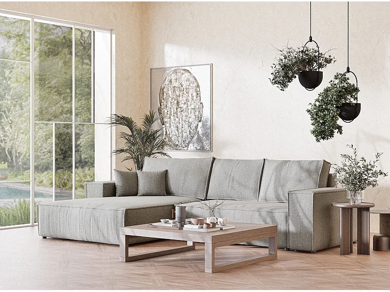 Canapé d'angle gauche convertible en tissu tressé beige gris MAZE