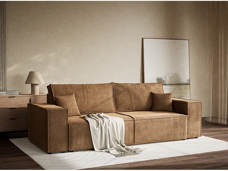 Canapé 3 places convertible en tissu chenille brun clair MILOS