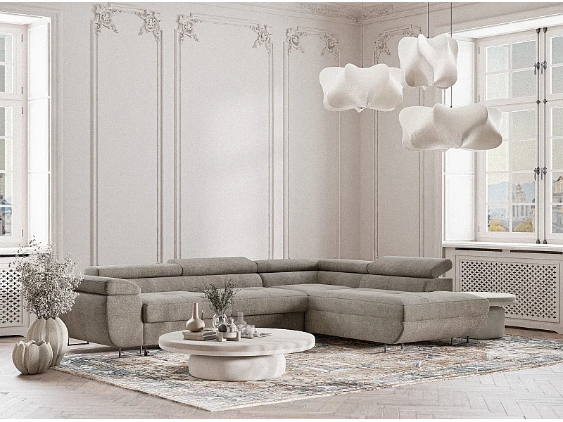 Canapé d'angle droit convertible en tissu chenille brun CONCORD