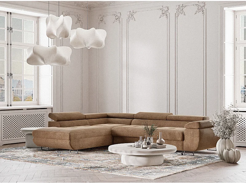 Canapé d'angle gauche convertible en tissu chenille brun clair CONCORD