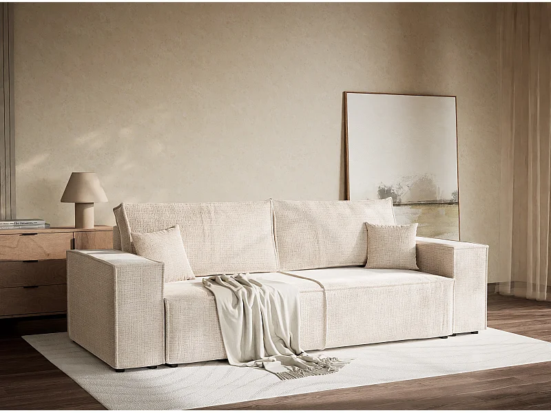 Canapé 3 places convertible en tissu chenille creme MILOS