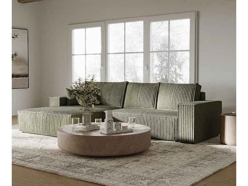 Canapé d'angle gauche 5 places en tissu en peluche vert MAZE