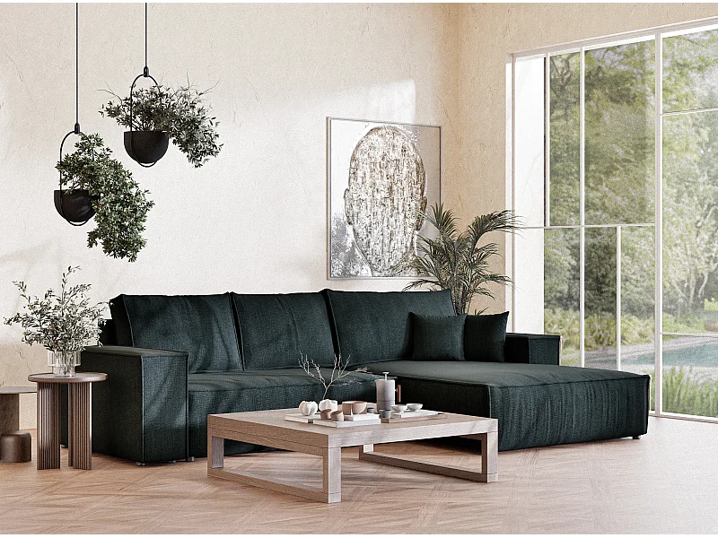 Canapé d'angle droit convertible en tissu tressé turquoise MAZE