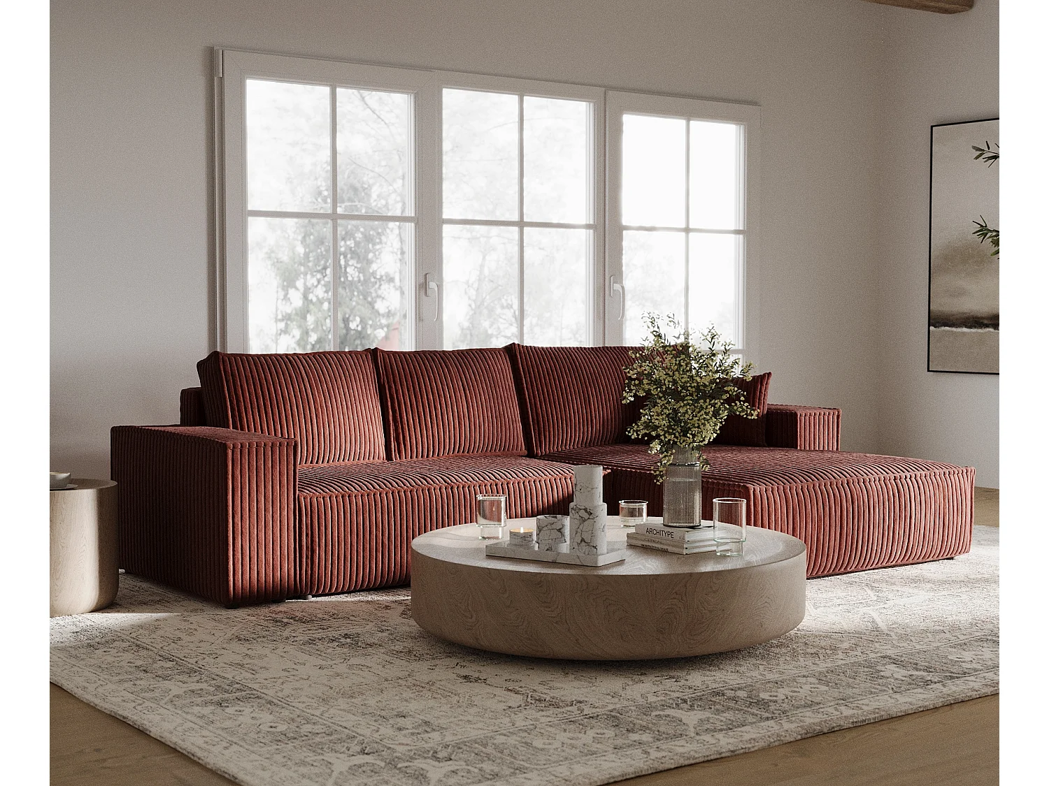 Canapé d'angle droit 5 places en tissu en peluche couleur brique MAZE