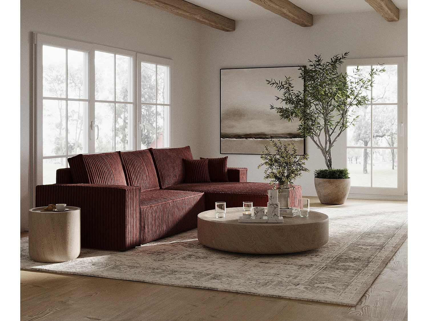 Canapé d'angle droit 5 places en tissu en peluche couleur brique MAZE