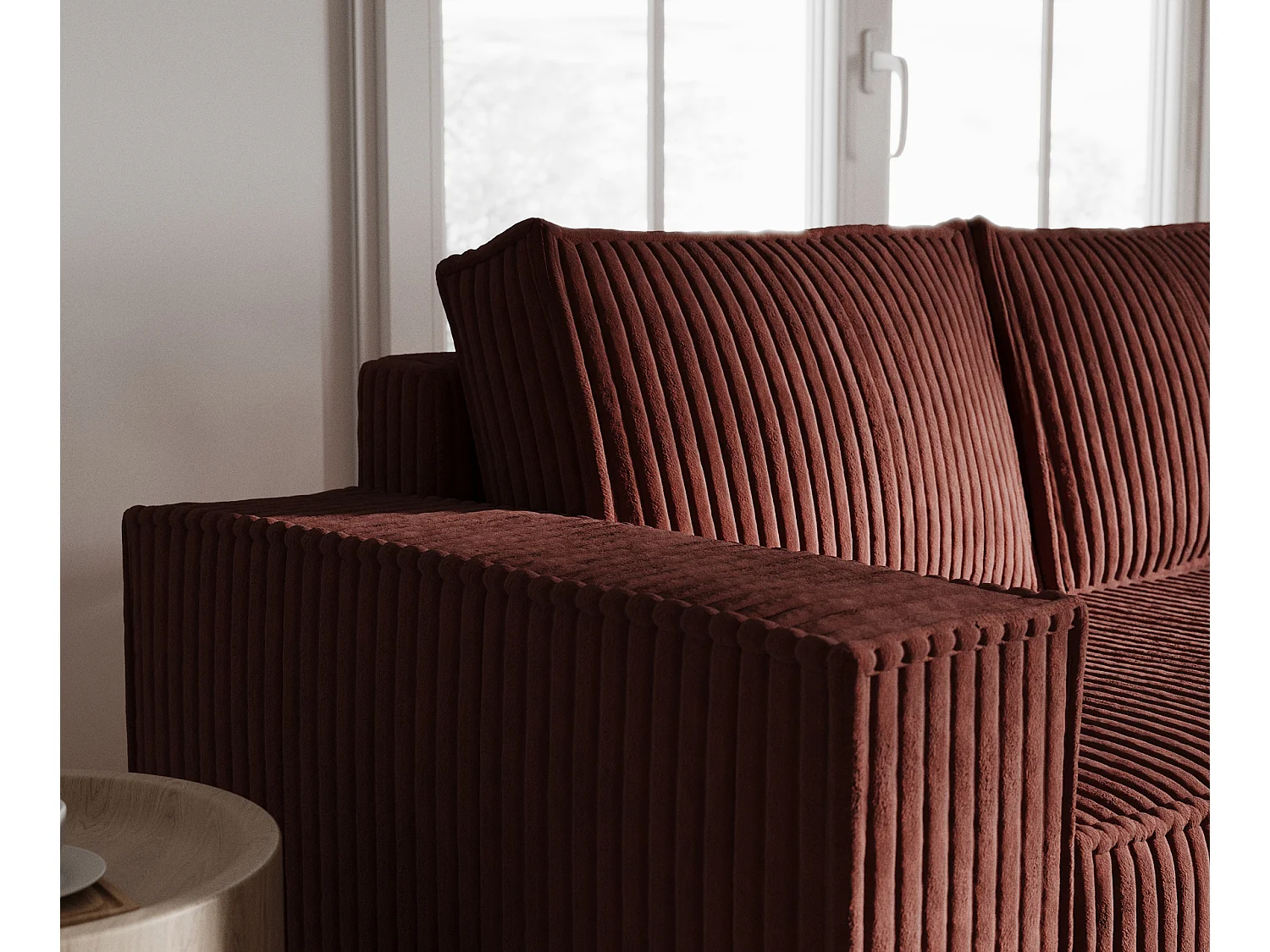 Canapé d'angle droit 5 places en tissu en peluche couleur brique MAZE