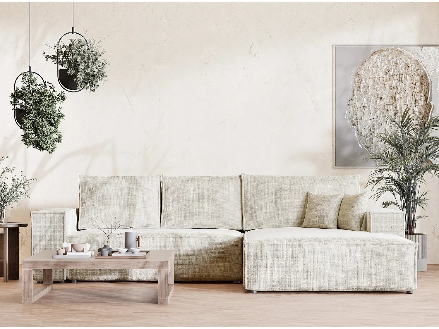 Narożnik prawostronny 5-osobowy rozkładany w tkaninie szenilowej - beżowoszary - MAZE