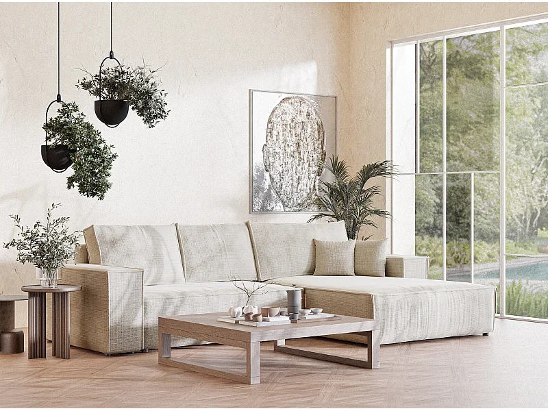 Canapé d'angle droit convertible en tissu chenille beige gris MAZE