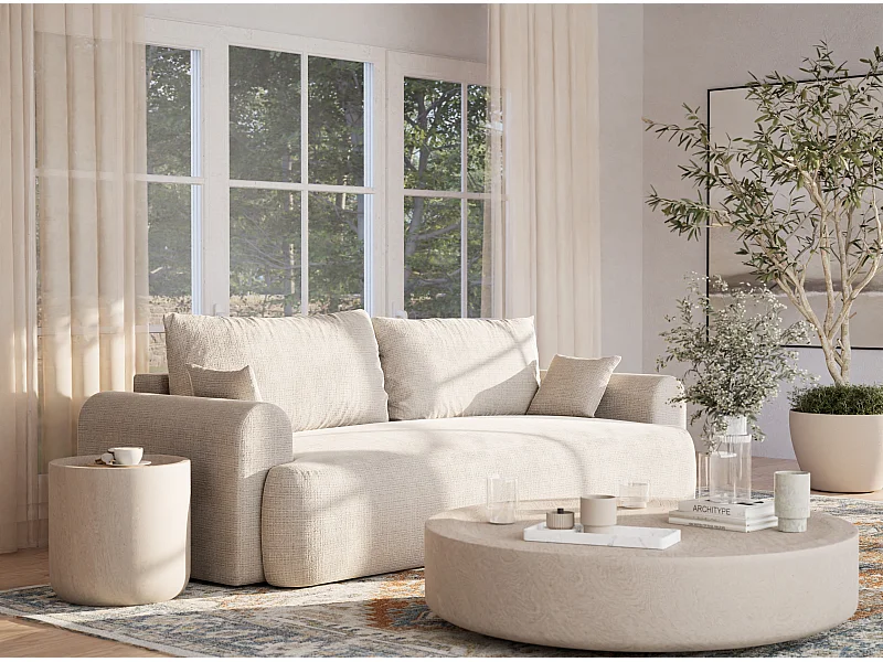 Canapé 3 places convertible en tissu chenille creme TOLUCA