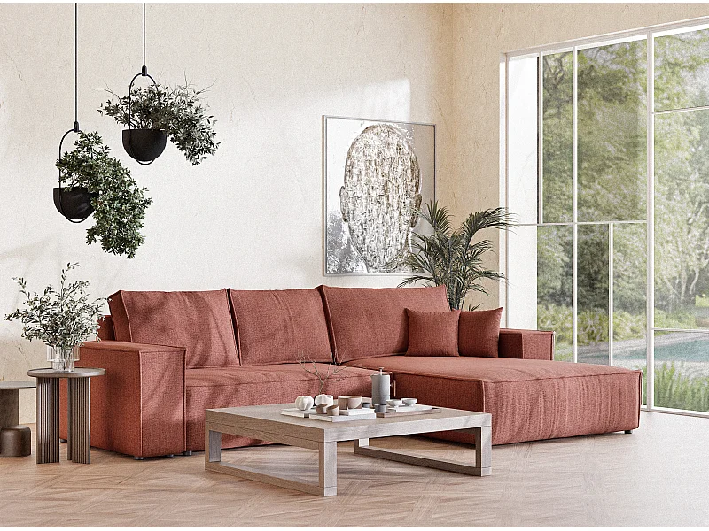 Canapé d'angle droit convertible en tissu tressé corail MAZE