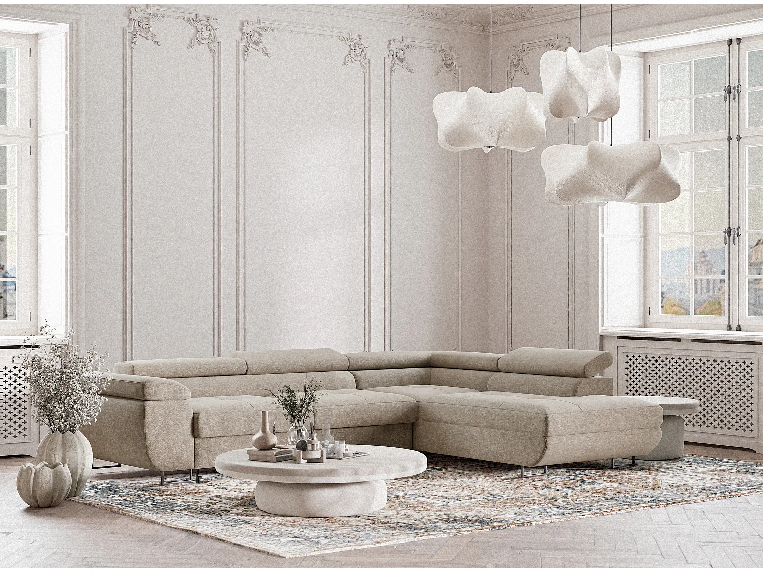 Hoekbank 4-zits met hoek rechts - van chenille stof - beige - CONCORD