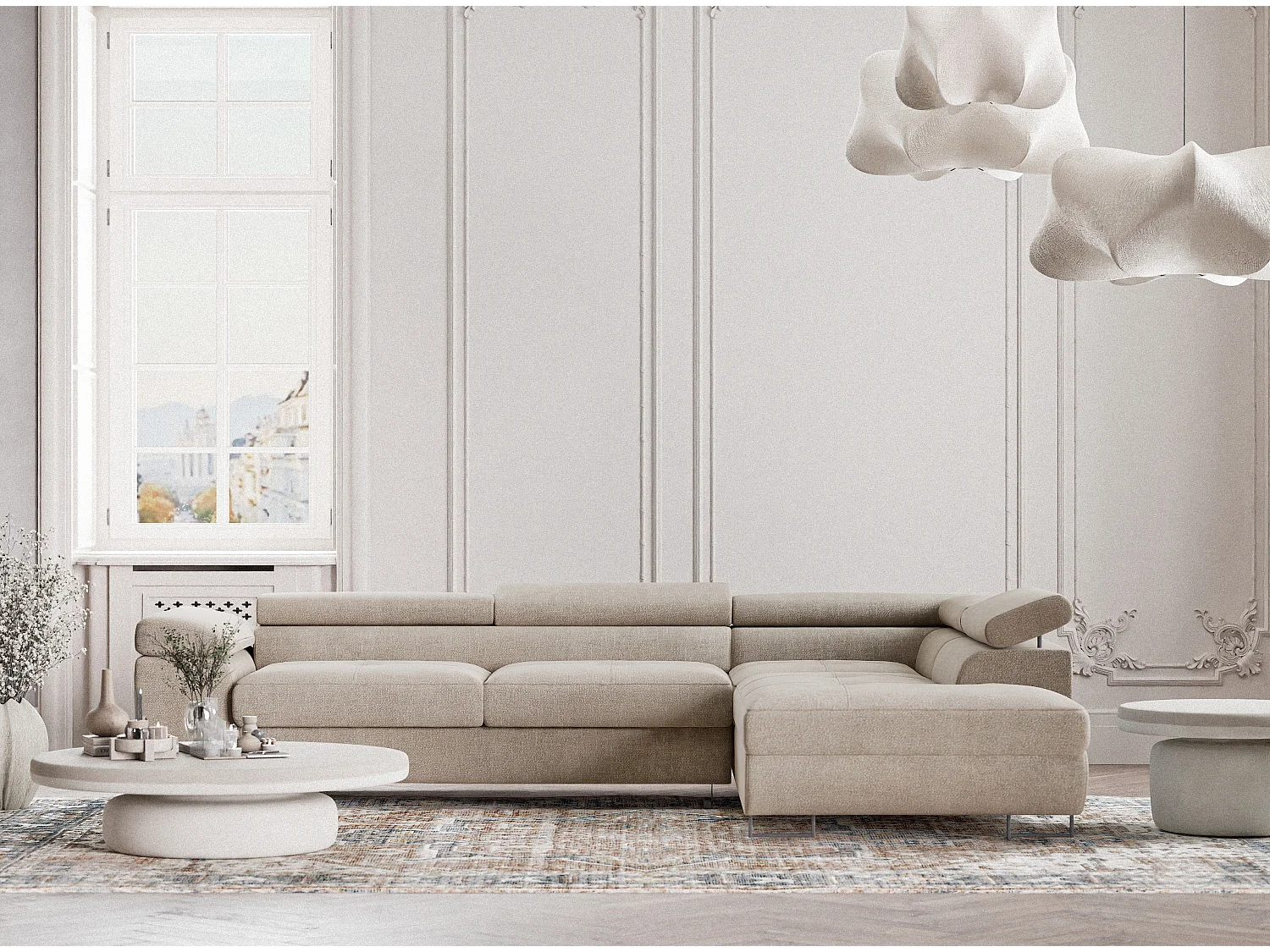 Hoekbank 4-zits met hoek rechts - van chenille stof - beige - CONCORD