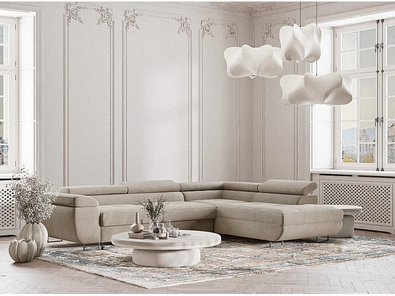 Canapé d'angle droit convertible en tissu chenille beige CONCORD