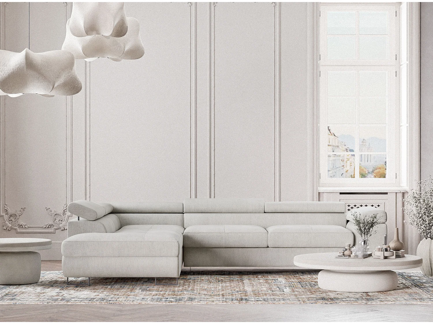 Hoekbank 4-zits met hoek links - van chenille stof - creme - CONCORD