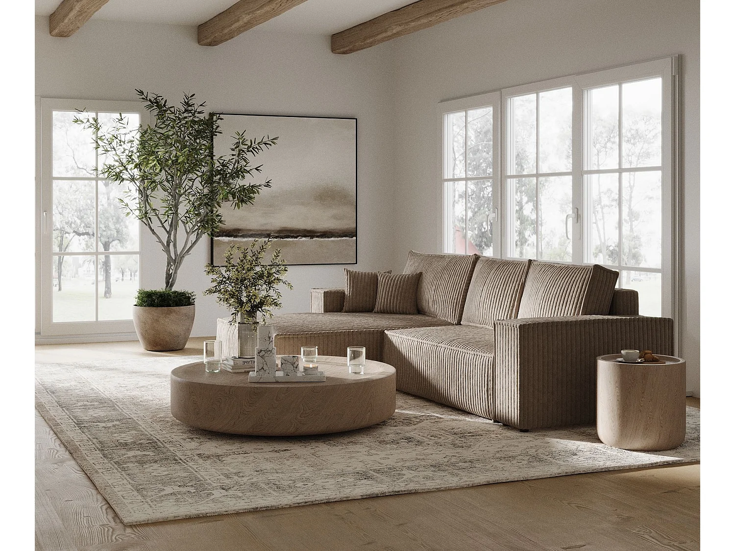 Canapé d'angle gauche 5 places en tissu en peluche brun clair MAZE