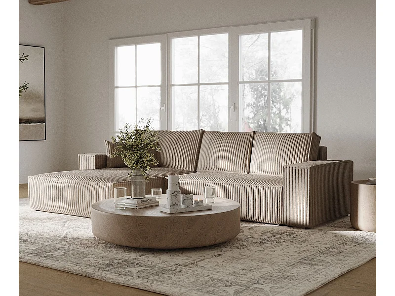 Canapé d'angle gauche 5 places en tissu en peluche brun clair MAZE