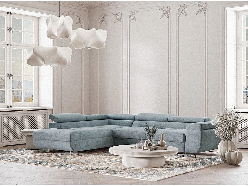 Canapé d'angle gauche convertible en tissu chenille bleu clair CONCORD
