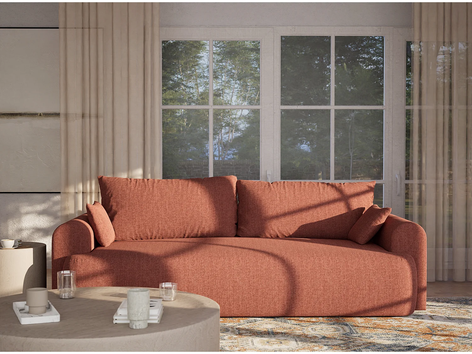 Canapé 3 places convertible en tissu tressé corail TOLUCA