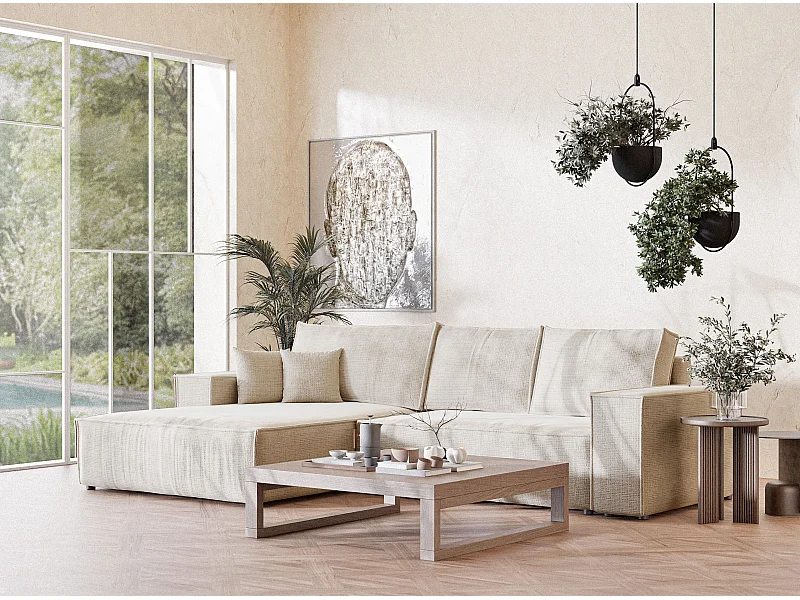 Canapé d'angle gauche convertible en tissu chenille creme MAZE