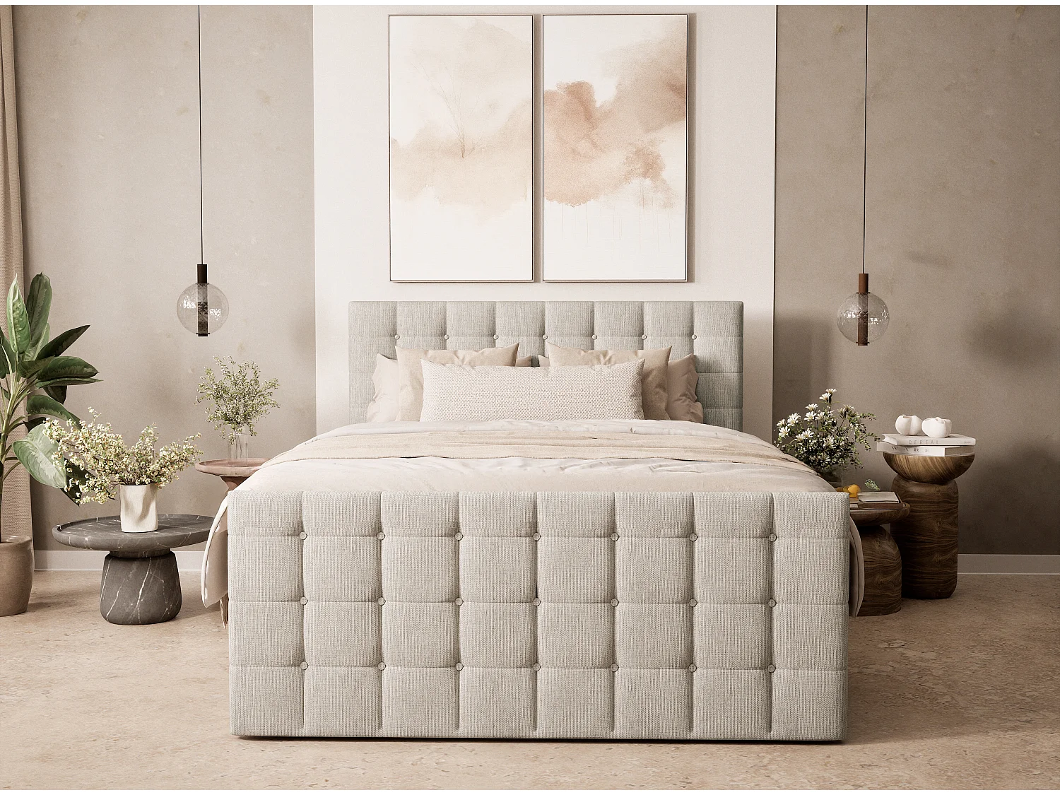 Boxspringbed met hoofdbord + matras + dekmatras - 200x200 cm - beige - TASCA