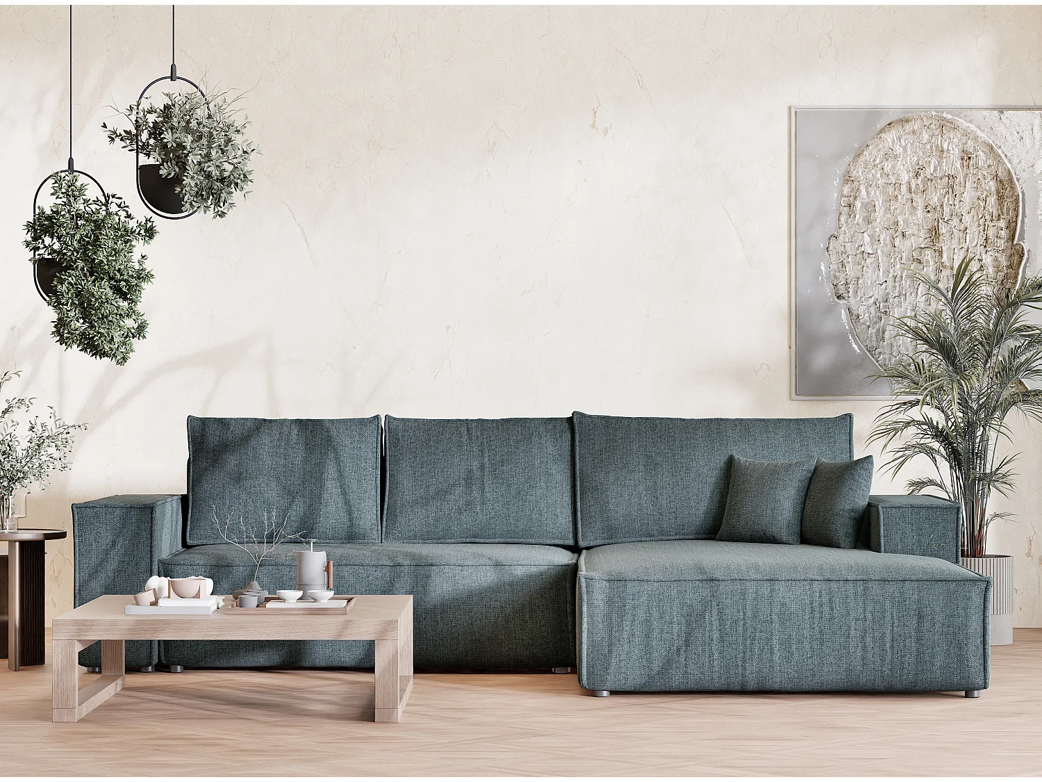 Narożnik prawostronny 5-osobowy rozkładany w tkaninie plecionej - niebieski - MAZE