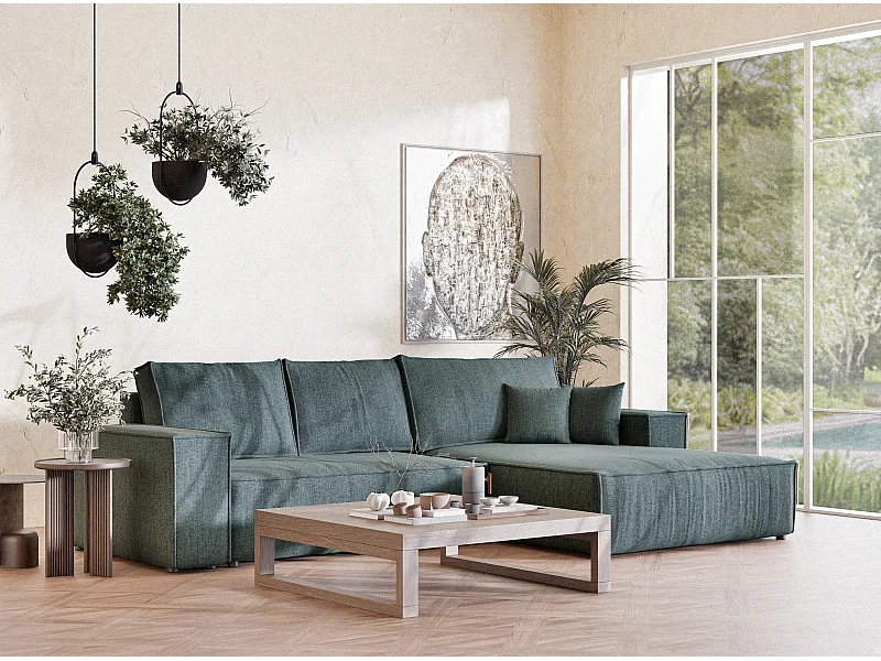 Canapé d'angle droit convertible en tissu tressé bleu MAZE