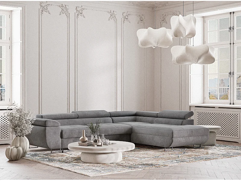 Canapé d'angle droit convertible en tissu chenille gris CONCORD