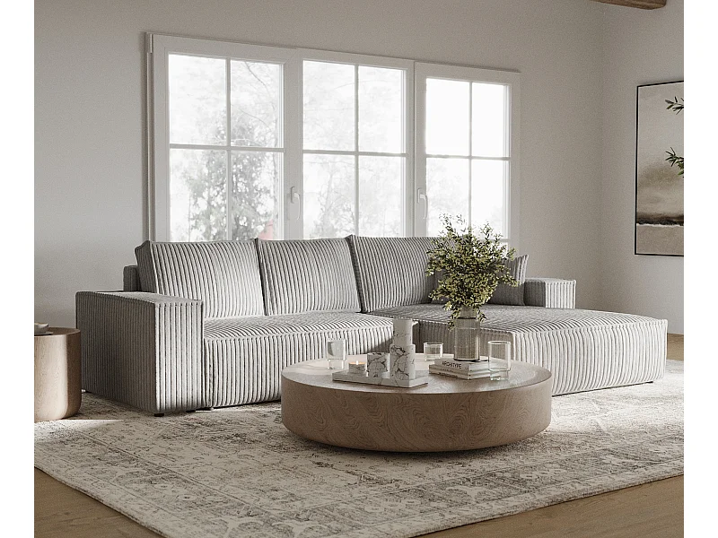 Canapé d'angle droit 5 places en tissu en peluche gris MAZE