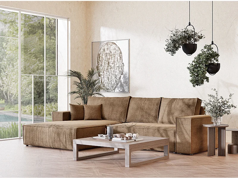 Canapé d'angle gauche convertible en tissu chenille brun clair MAZE