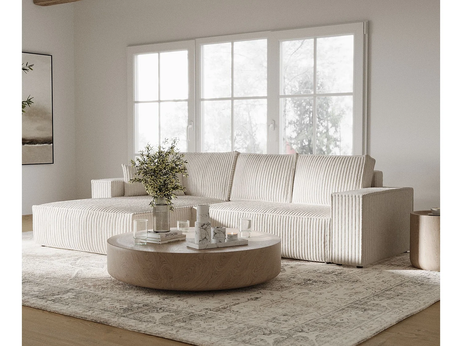 Canapé d'angle gauche 5 places en tissu en peluche creme MAZE